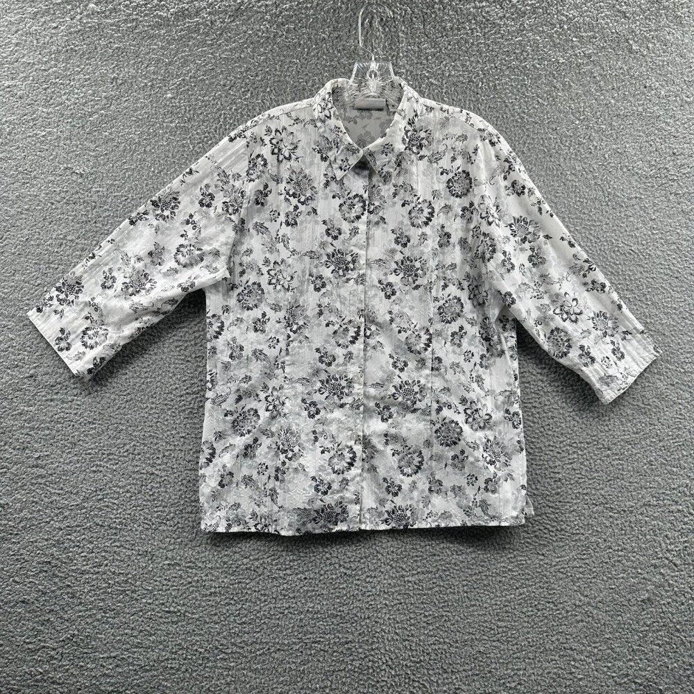 Denim Co Womens Top Medium White Black Floral Crinkle Burnout Button Front Shirt